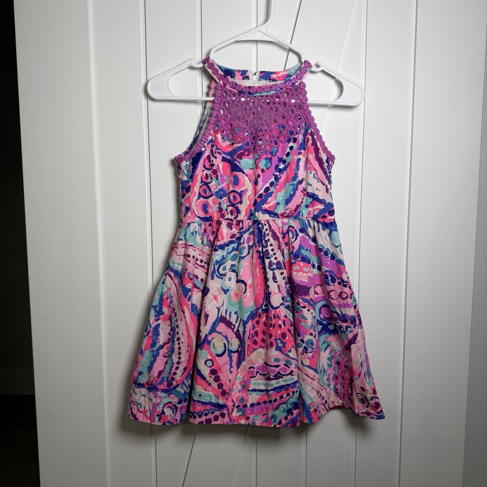 Lilly Pulitzer Girls Kinley Dress Size 12 Colony Coral Shell Out Crochet Lace
